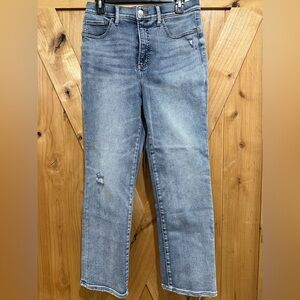 Express 90’s slim super high-rise jeans Sz 10S Holes in knees, frayed ends